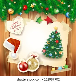 Christmas background with paper elements and fir, vector 