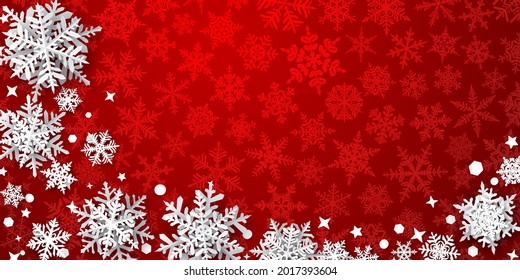 Christmas background of paper snowflakes with soft shadows, white on red background with falling snow