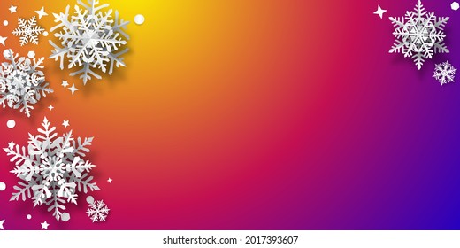 Weihnachtshintergrund für Schneeflocken auf Papier mit weichen Schatten, weiß auf violettem und orangefarbenem Hintergrund