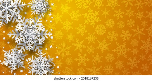 Weihnachtshintergrund für Schneeflocken auf Papier mit weichen Schatten, weiß auf gelbem Hintergrund mit fallendem Schnee