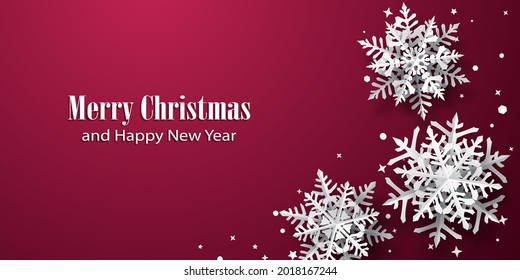 Christmas background of paper snowflakes with soft shadows, white on red background