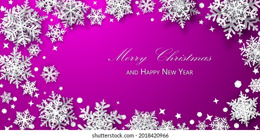 Christmas background of paper snowflakes with soft shadows, white on purple background