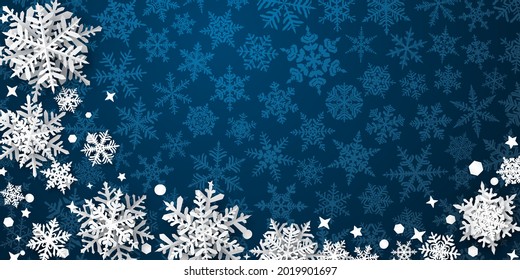 Christmas background of paper snowflakes with soft shadows, white on blue background with falling snow