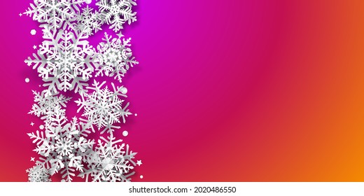 Christmas background of paper snowflakes with soft shadows, white on purple and orange background