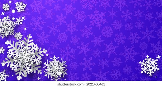 Christmas background of paper snowflakes with soft shadows, white on blue background with falling snow