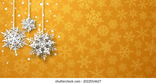 Weihnachtshintergrund für Schneeflocken auf Papier mit weichen Schatten, weiß auf gelbem Hintergrund mit fallendem Schnee