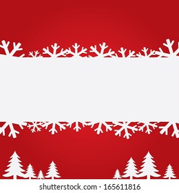 Christmas background with paper snowflakes and trees. Flat icons. Vector illustration.