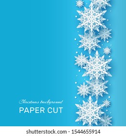 Christmas background. Papercut 3d white snowflake shapes on blue backdrop, winter holiday card. Xmas frozen pattern vector frames decor papercraft concept