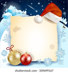 Christmas background with parchment, hat and baubles. Vector illustration 
