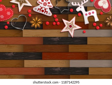 Christmas background with parquet pattern and nice decorations, vector illustration, eps 10 with transparency