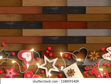 Christmas background with parquet pattern and nice decorations in Scandinavian style, vector illustration, eps 10 with transparency