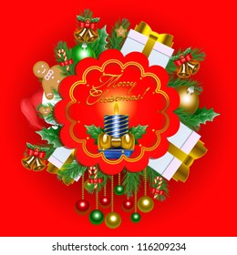 christmas background part 6/8 lit candle with presents and fir tree branches