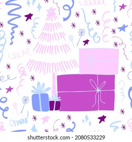 Weihnachtshintergrund Feiern Vektorgrafik nahtlose Muster stylisierte Weihnachtsbäume mit Konfetti und Sparklern. Tapete zum Verpacken von Papier, Einladungen, Papier und Karten, Hintergründe der Website.