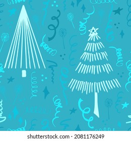 Christmas background party celebration vector seamless pattern stylized Christmas trees with confetti  and sparklers. Wallpaper for wrapping paper, invitations, paper and cards, website backgrounds.