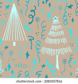 Christmas background party celebration vector seamless pattern stylized Christmas trees with confetti  and sparklers. Wallpaper for wrapping paper, invitations, paper and cards, website backgrounds.
