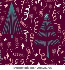Christmas background party celebration vector seamless pattern stylized Christmas trees with confetti  and sparklers. Wallpaper for wrapping paper, invitations, paper and cards, website backgrounds.