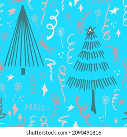 Christmas background party celebration vector seamless pattern stylized Christmas trees with confetti  and sparklers. Wallpaper for wrapping paper, invitations, paper and cards, website backgrounds.