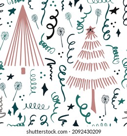 Christmas background party celebration vector seamless pattern stylized Christmas trees with confetti  and sparklers. Wallpaper for wrapping paper, invitations, paper and cards, website backgrounds.