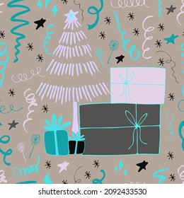 Christmas background party celebration vector seamless pattern stylized Christmas trees with confetti  and sparklers. Wallpaper for wrapping paper, invitations, paper and cards, website backgrounds.