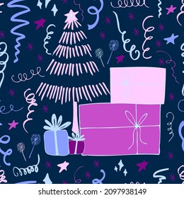Christmas background party celebration vector seamless pattern stylized Christmas trees with confetti  and sparklers. Wallpaper for wrapping paper, invitations, paper and cards, website backgrounds.