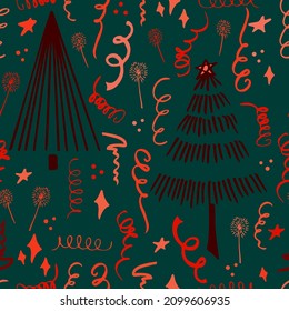 Celebración navideña de fondo vectorial patrón sin fisuras estilizado árboles navideños con confiti y chispas. Papel tapiz para envolver papel, invitaciones, papel y tarjetas, fondos del sitio web.