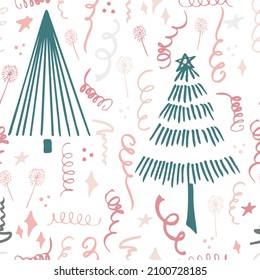 Christmas background party celebration vector seamless pattern stylized Christmas trees with confetti  and sparklers. Wallpaper for wrapping paper, invitations, paper and cards, website backgrounds.