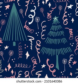Christmas background party celebration vector seamless pattern stylized Christmas trees with confetti  and sparklers. Wallpaper for wrapping paper, invitations, paper and cards, website backgrounds.