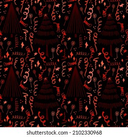 Christmas background party celebration vector seamless pattern stylized Christmas trees with confetti  and sparklers. Wallpaper for wrapping paper, invitations, paper and cards, website backgrounds.