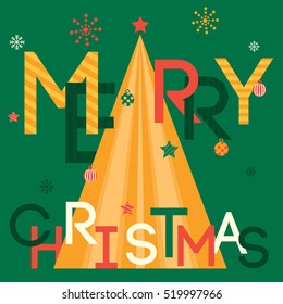 Christmas background party design by christmas tree decorated with ornaments and typography text on green red and yellow colors.
