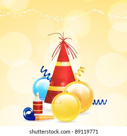 Christmas Background With Party Hat, Baubles And Noise Maker