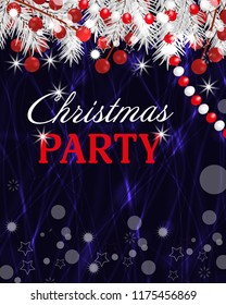 Christmas background party invitation template with fir white branches, beads and holly berry. Vector illustration.