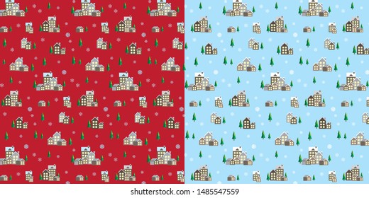 Christmas background pattern with building, house, snowflakes and tree.