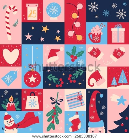 Christmas Background Pattern. Merry Sticker. Holiday Element Set. Advent Calendar with Festive Xmas Icon cute snowman, New Year ball, Tree. Template Countdown Xmas. Vector illustration. Not AI