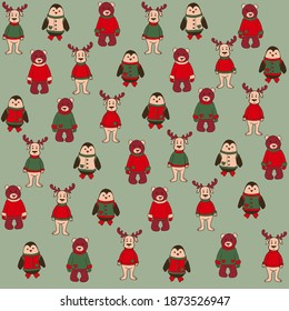 Christmas background pattern in modern style. Christmas animals hand drawing