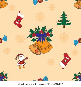 Christmas background. A Christmas pattern. Christmas. Santa. Snowman. Deer. Sock. Tree. Bells