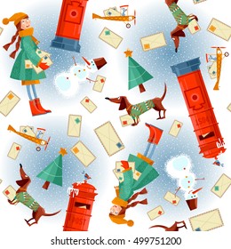 Christmas background pattern. Vintage Mailbox, little girl, dachshund, snowman and letters to Santa. Vector illustration.

