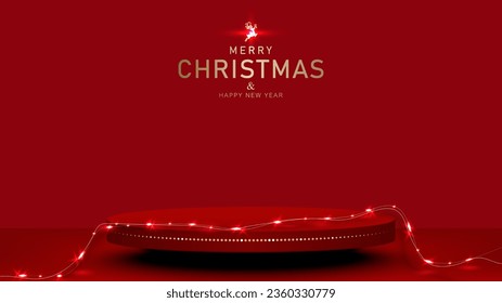 Christmas background with pedestal and light decorative for product display on Red studio background. Vector illustration.