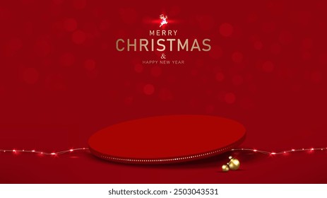 Christmas background with pedestal tilted and light decorative for product display on Red shine background. Vector illustration.