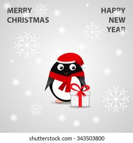 Christmas background with penguin and snowflakes. Vector.