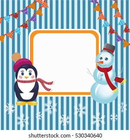Christmas background: a penguin with snowman, snowflakes and flags