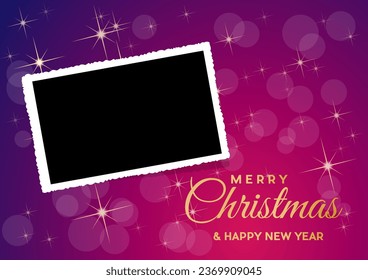 Fondo de Navidad con foto, marco en blanco. Plantilla de vector en color púrpura, tarjeta con imagen a insertar