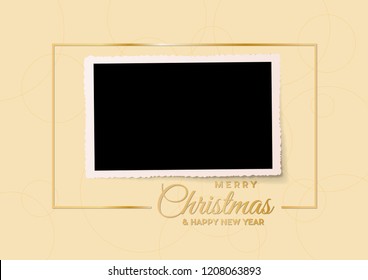 Christmas background with photos, blank frames. Vector template with pictures to insert