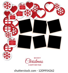 Christmas background with photos, blank frames. Vector template with pictures to insert