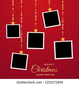 Christmas background with photos, blank frames. Vector template with pictures to insert