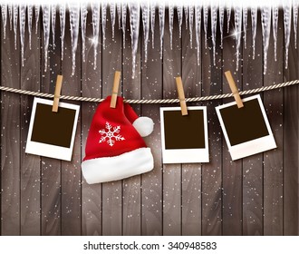 Christmas background with photos and a santa hat. Vector.