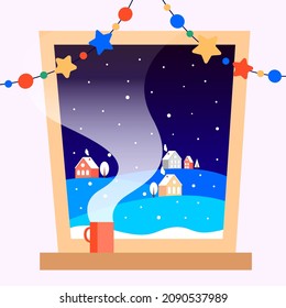 Christmas background picture - a tea mug on sill with winter landscape. Vector illustration.  