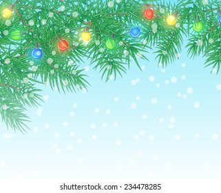 Christmas background with pine branch and light bulbs