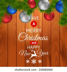 Christmas background with pine branches and christmas balls. Horizontal seamless