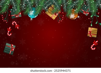 Weihnachtshintergrund mit Kiefernzweigen, Bauschen, Geschenken und Bonbons auf Rot