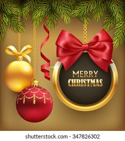 Christmas Background with Pine Branches Frame and Balls on Brown Background